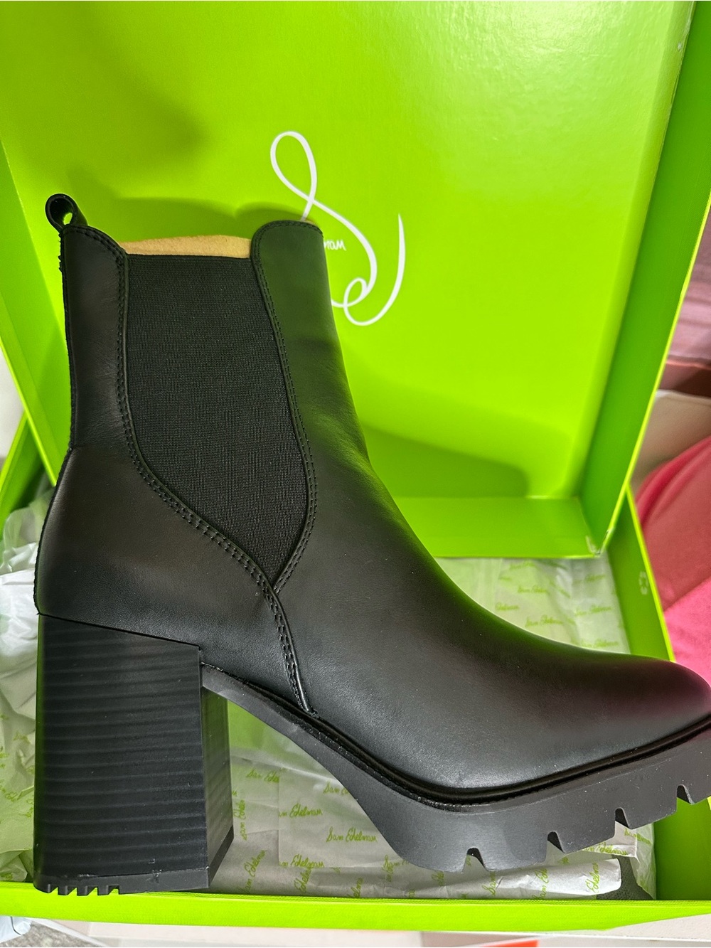 Sam Edelman Black Leather Rollins Chelsea Heeled Lug Boot